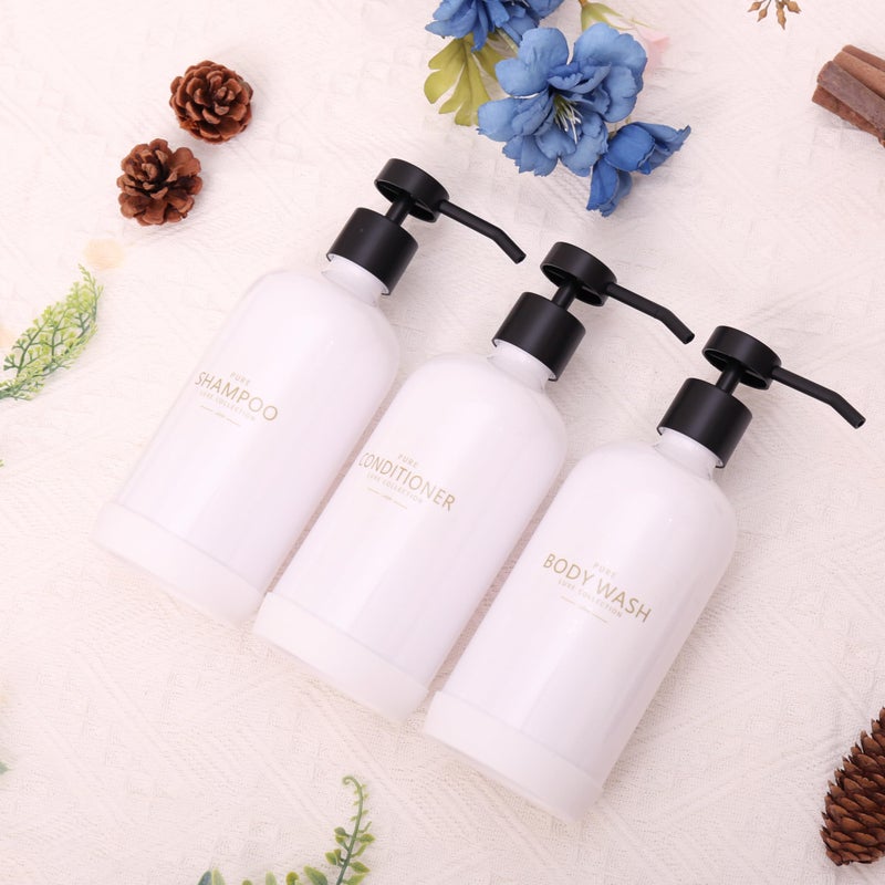 Janxin Shampoo and Conditioner Dispenser Set of 3 Refillable 21oz Shampoo Bottles with Non-Slip Protective Silicone Pad Shower Soap Dispenser with Waterproof Labels for Bathroom (White) - Image 4